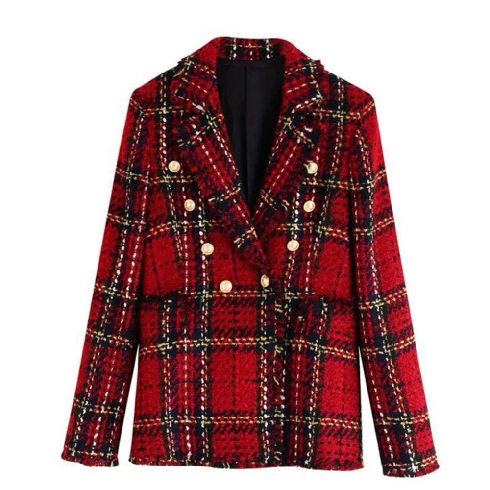 Double Button Plaid Tweed Jacket